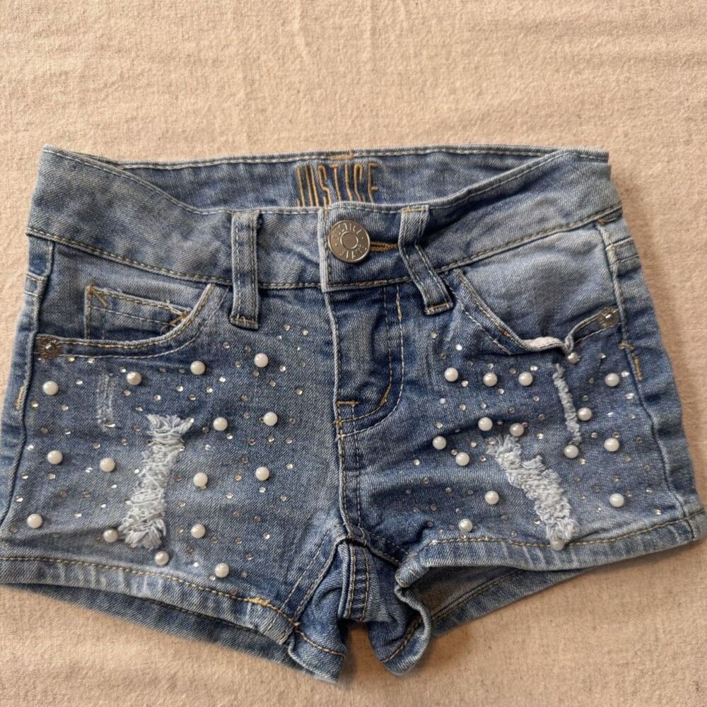 Justice Girls Size 7 Slim | Pearly Rhinestone Denim Shorts